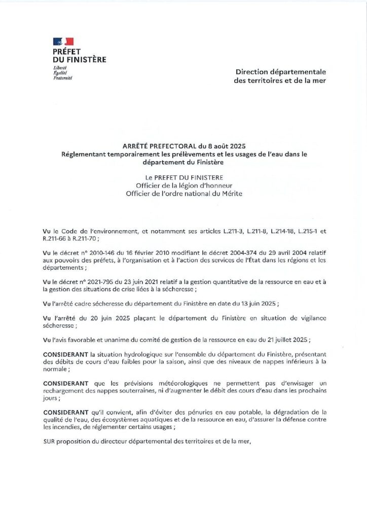 Image du document arrêté prélèvements et usages de l’eau du 08 08 2025