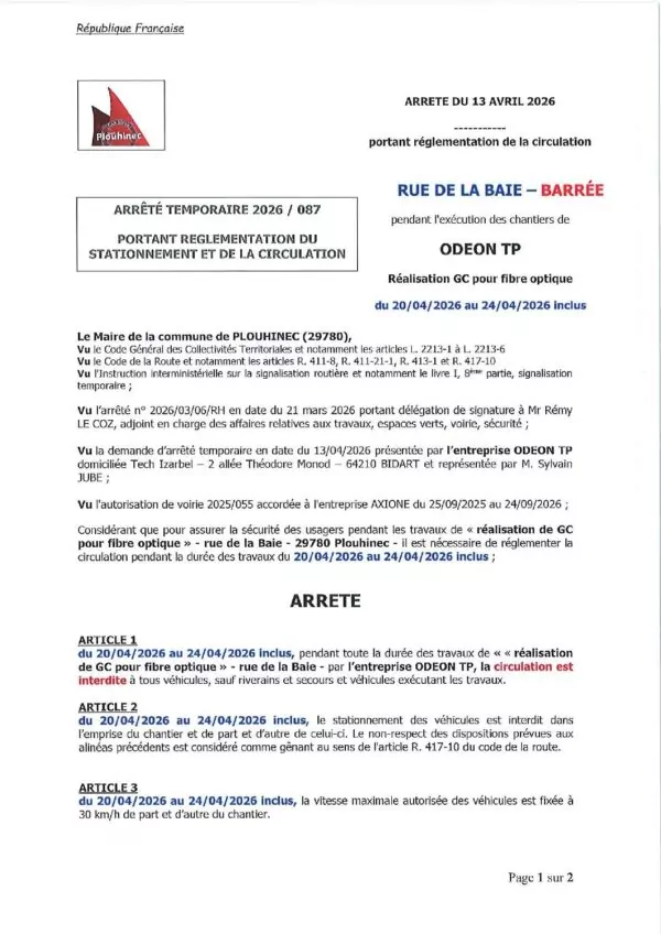 Image du document AT 2026 087 ODEON TP – rue de la Baie barrée