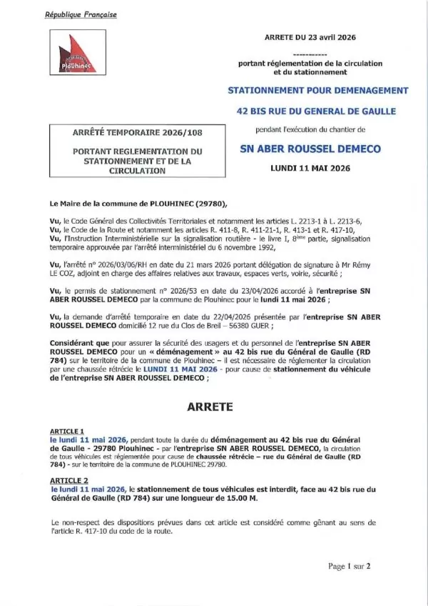 Image du document AT 2026 108 DEMECO déménagement 42 bis rue G. de Gaulle – véhicule sur DP – chaussée rétrécie