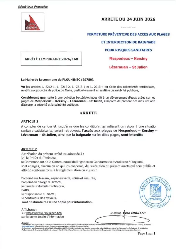 Image du document AT 2026 168 COMMUNE DE PLOUHINEC – interdiction plages + baignade