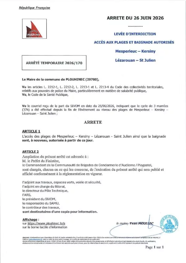 Image du document AT 2026 170 COMMUNE DE PLOUHINEC -levée des restrictions accè aux plages et baignade autorisée