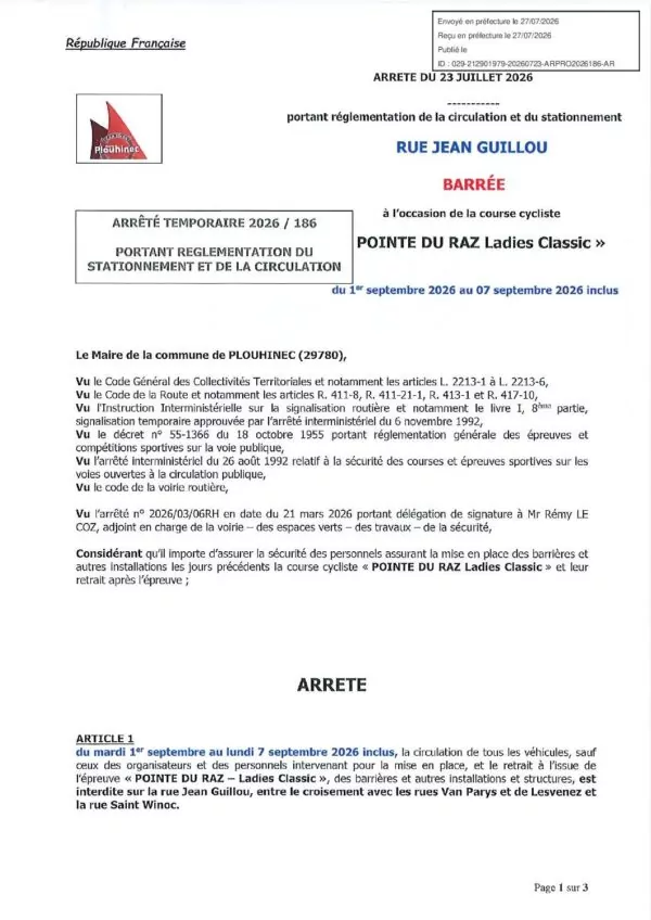 Image du document AT 2026 186 POINTE DU RAZ Ladies Classic – rue Jean Guillou barrée – du 1 au 7 septembre