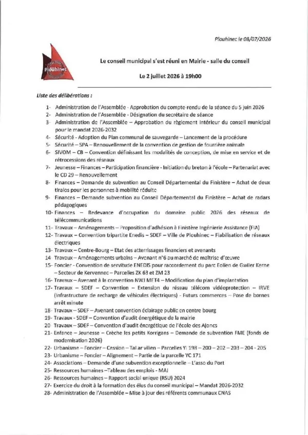 Image du document Liste des délibérations du Conseil Muncipal du 2 juillet 2026 – commune de Plouhinec